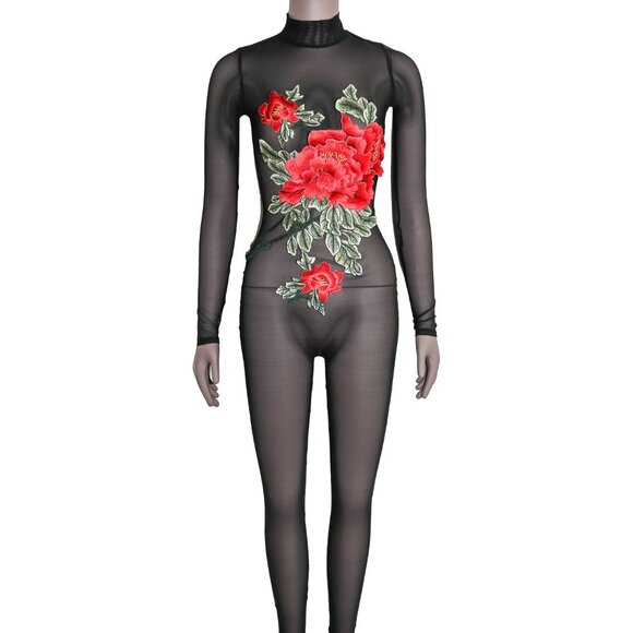 Black Mesh Floral One Piece Bodycon Sheer‎ CatSuit Small Evening wear Jumpsuit